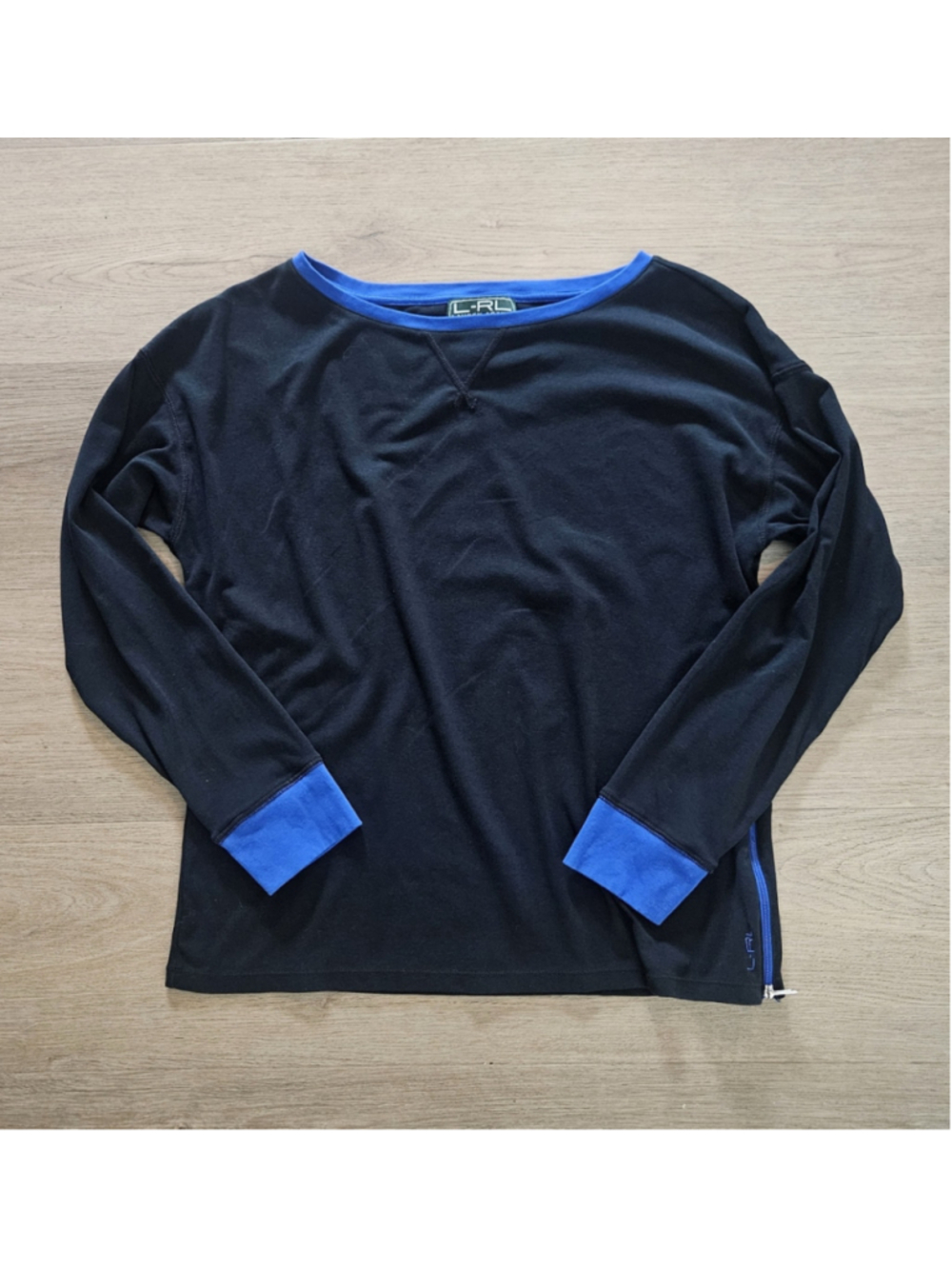 L-RL Ralph Lauren Active Y2K 2000s Soft Cotton Blend Black/Blue LS Tee Top L
